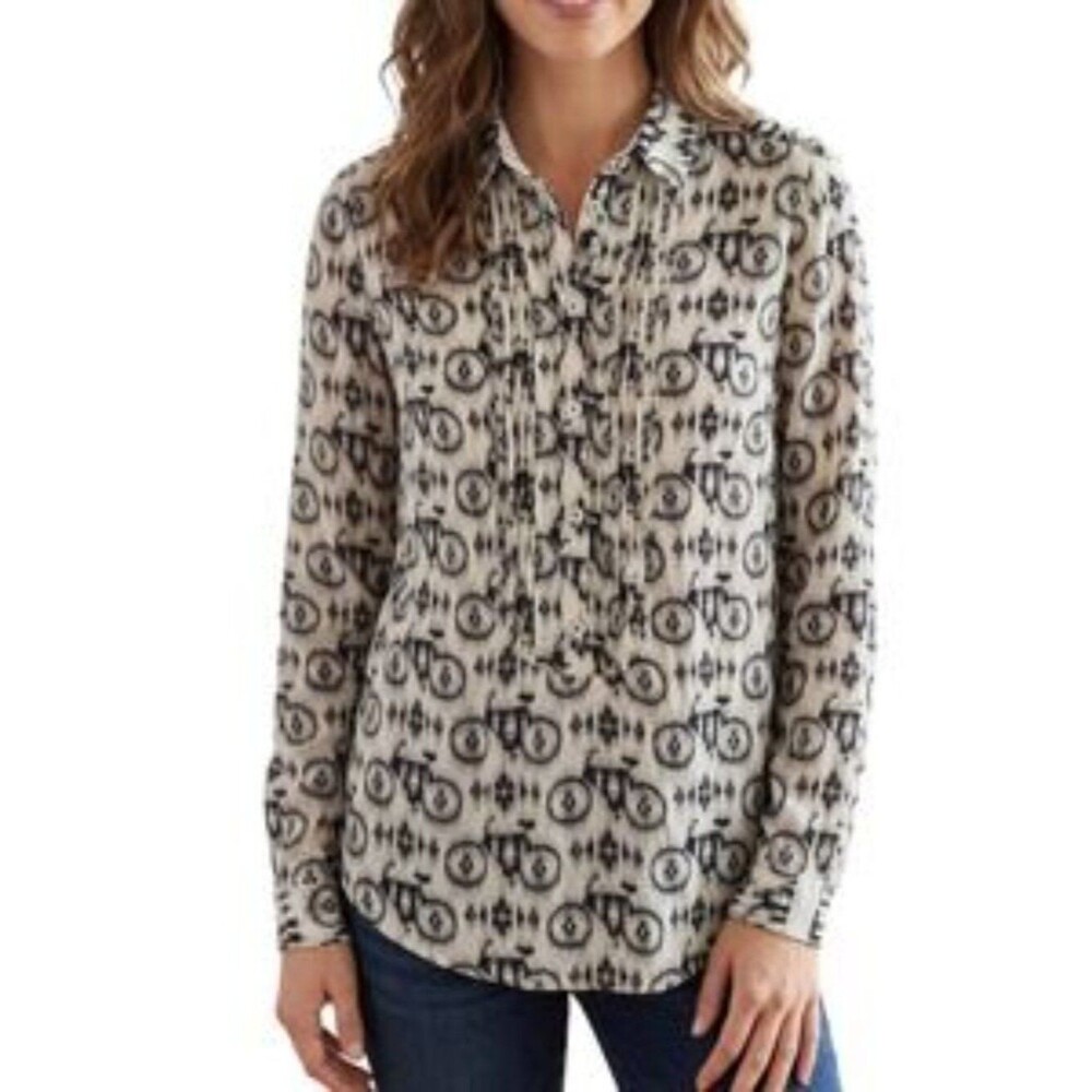Anthropoligie Maeve Bicycle Print Size 8 Button Up Pleated Long Sleeve Shirt